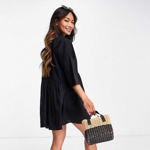 NWT 🖤 Esmee Exclusive (via ASOS) oversized mini shirt dress in black. SIZE 2 - Picture 2 of 11